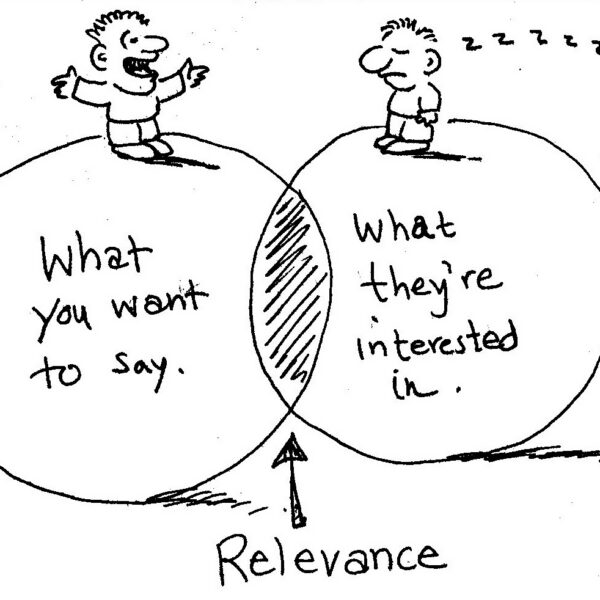 A comic depicting a Venn diagram of the overlap between what you want to say and what they're interested in, with the overlap being relevance.