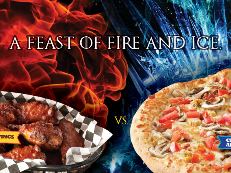 A pizza advertisement that says "A Feast of Fire and Ice".