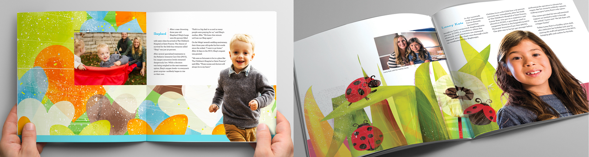 The interior pages of a children's book for Saint Francis Health System designed by AcrobatAnt.