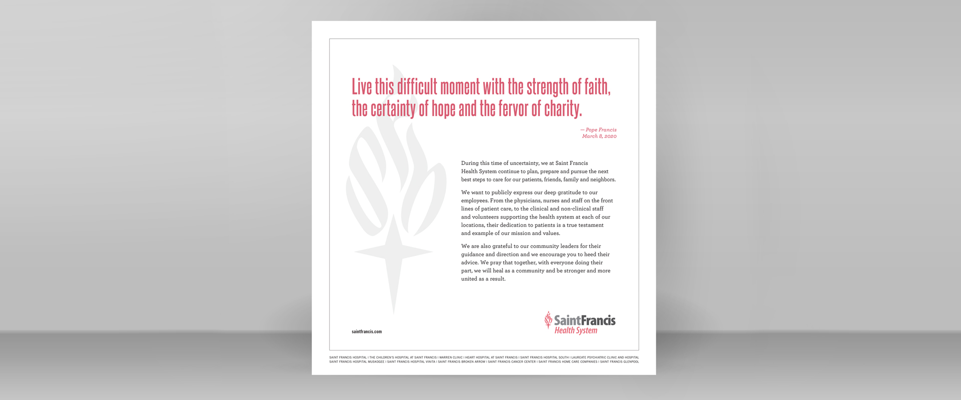 Branded messaging for Saint Francis Health System designed by AcrobatAnt.