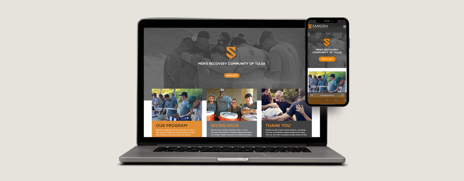 Mock-up of website for Sangha Men's Recovery Community designed by AcrobatAnt.