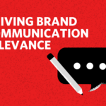A red graphic that reads "Driving Brand Communication Relevance", featuring an illustration of a text bubble and a pencil