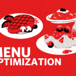 A graphic with a red background that reads "Menu Optimization", picturing a steak, spaghetti, and rice.
